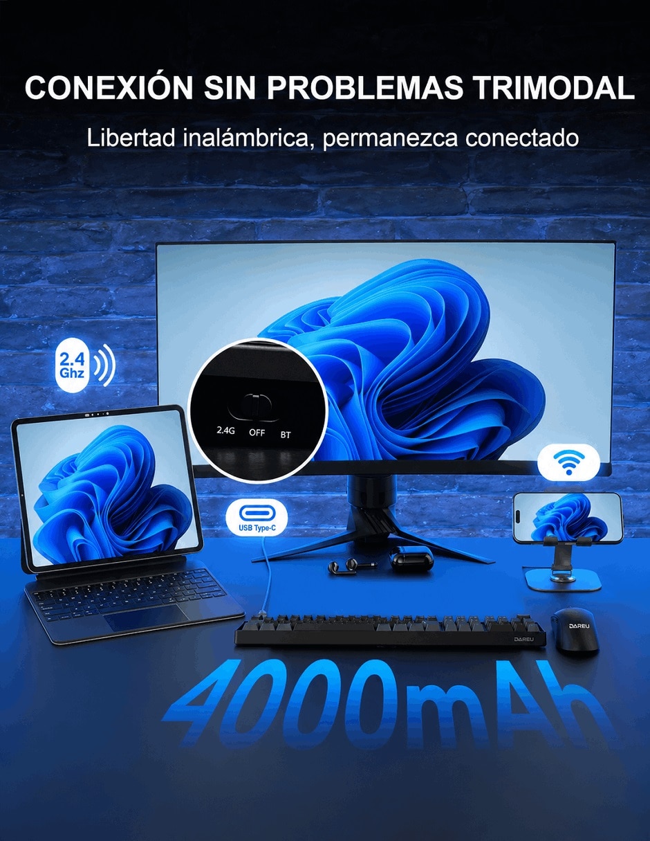 Bluetooth ASERTY español con interruptor Híbrido DAREU EK106 PRO