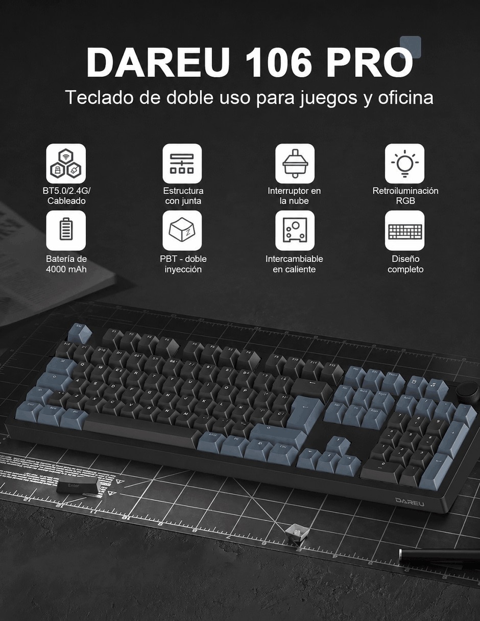 Bluetooth ASERTY español con interruptor Híbrido DAREU EK106 PRO